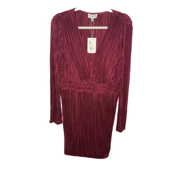 Lucy Paris Rosa Mini Dress Fit & Flare V Neck Pleated Long Sleeve Maroon Size L - Picture 5 of 10